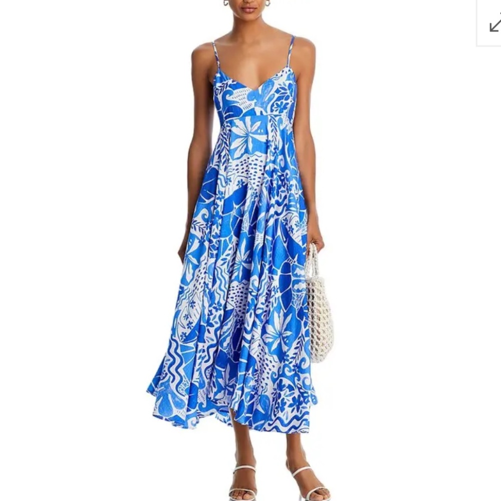 AQUA V - Neck Midi White - Blue Trapeze Rayon Dress - Exclusive Size M Sundress